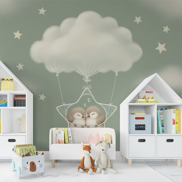 Papel de parede para quarto de bebé | Pássaros adormecidos numa estrela com nuvens e estrelas