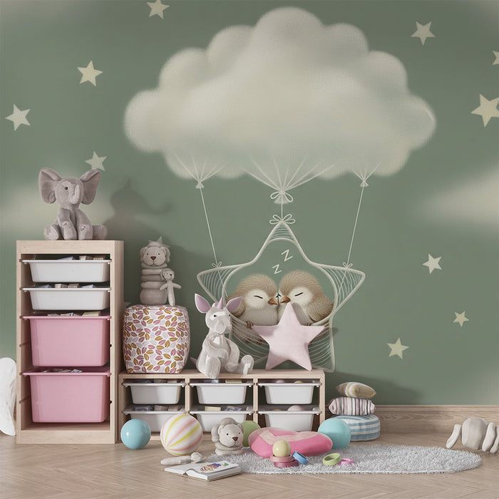 Papel de parede para quarto de bebé | Pássaros adormecidos numa estrela com nuvens e estrelas