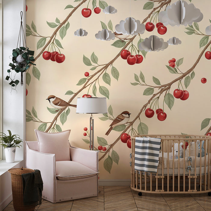 Børneværelse tapet | Fugle og kirsebær på blødt baggrund