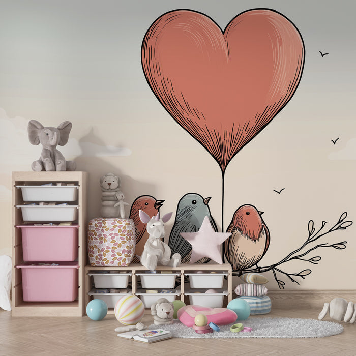 Papier peint chambre bébé | Oiseaux et cœur d'amour
