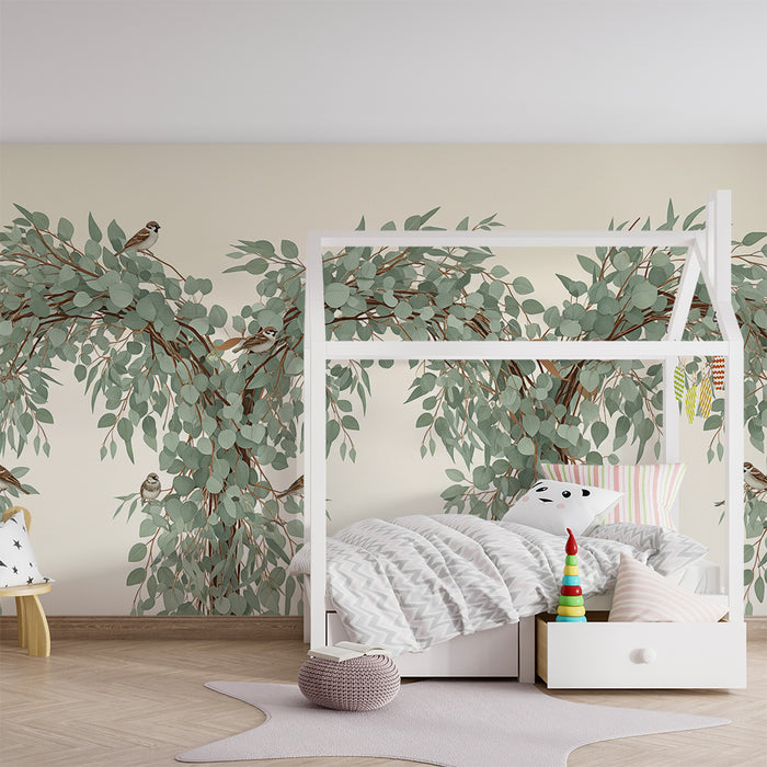 Sobna tapeta za dojenčka | Ptice in nežno listje za pomirjujoče vzdušje