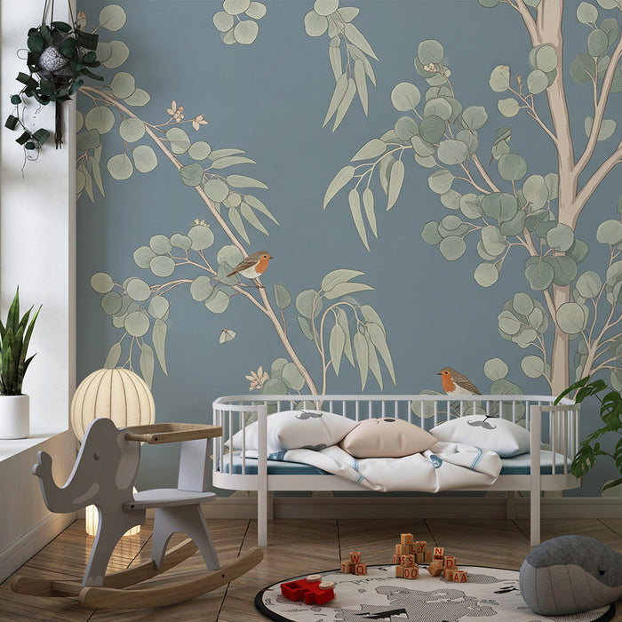 Papel de parede para quarto de bebé | Pássaros e folhagem delicada sobre fundo azul suave