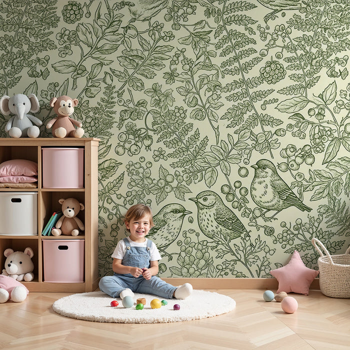 Papel de parede para quarto de bebé | Pássaros e folhagem delicada sobre fundo suave