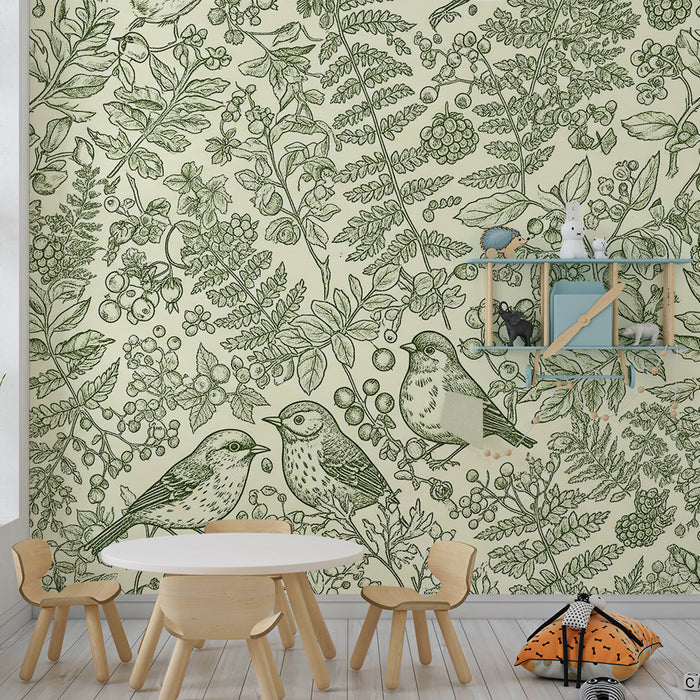 Papel de parede para quarto de bebé | Pássaros e folhagem delicada sobre fundo suave
