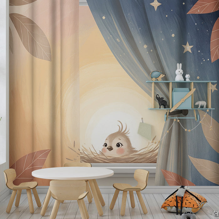Babyzimmer Tapete | Vögel und sanftes Laubwerk