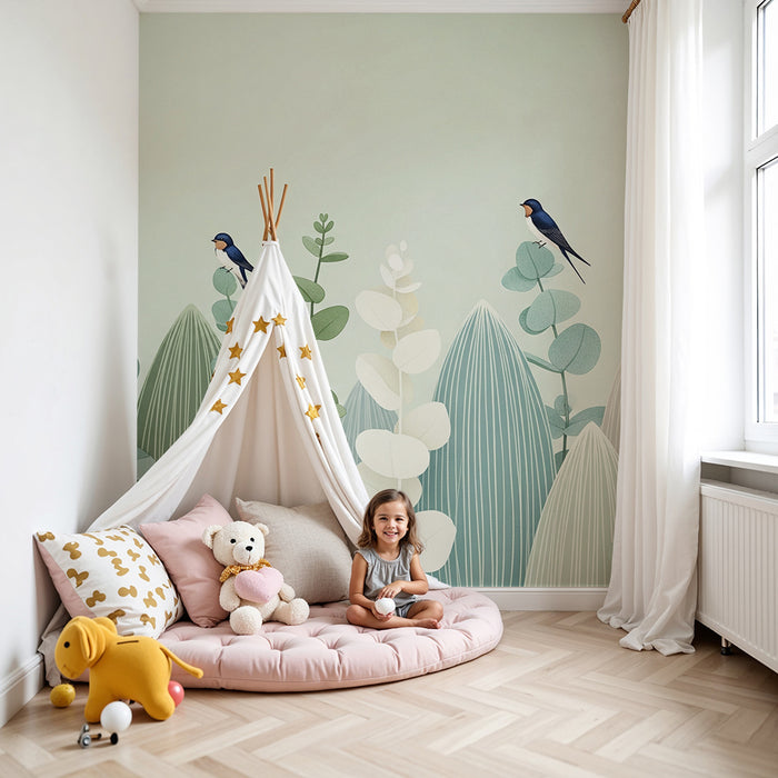 Papier peint chambre bébé | Oiseaux et feuillage doux dans des tons apaisants