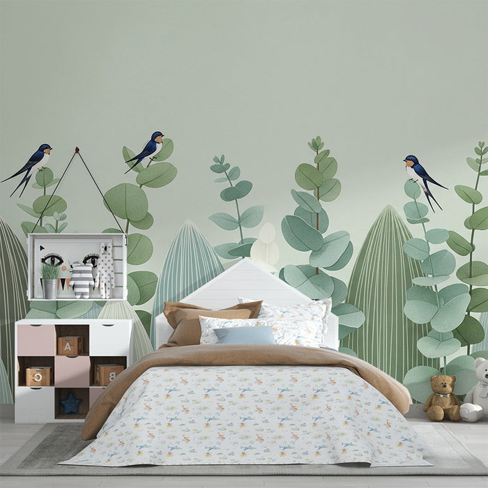 Papier peint chambre bébé | Oiseaux et feuillage doux dans des tons apaisants