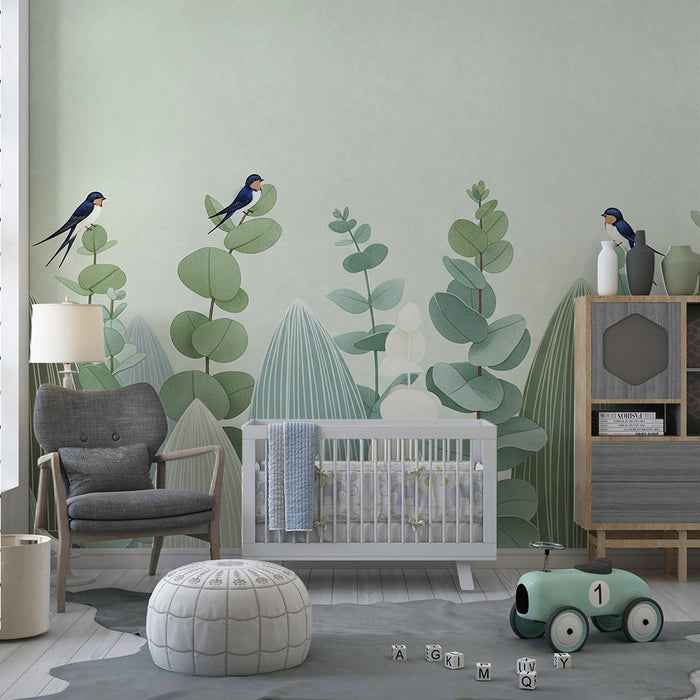 Papier peint chambre bébé | Oiseaux et feuillage doux dans des tons apaisants