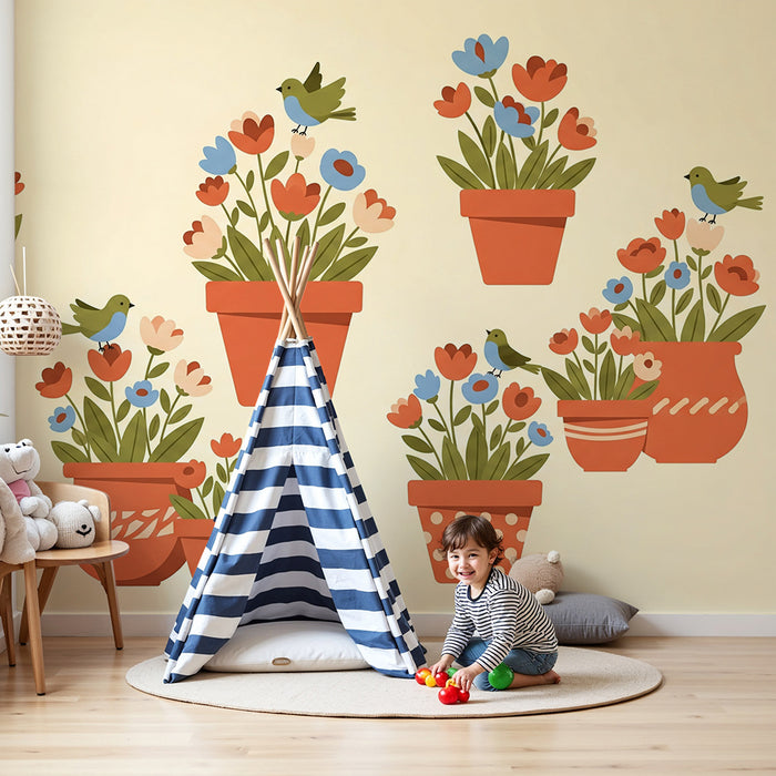 Papel pintado para habitación infantil | Pájaros y flores de colores en macetas de barro