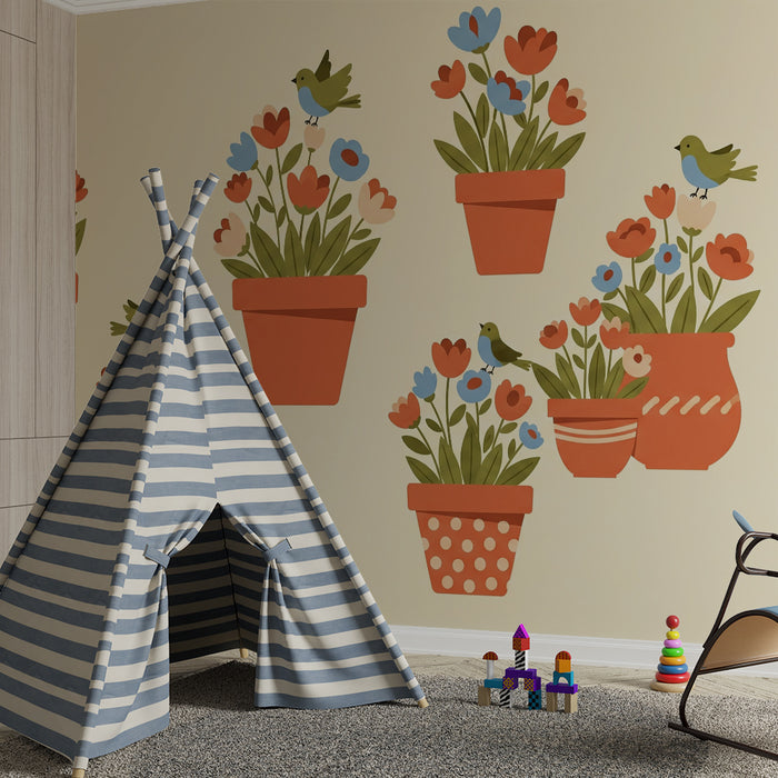 Papel pintado para habitación infantil | Pájaros y flores de colores en macetas de barro