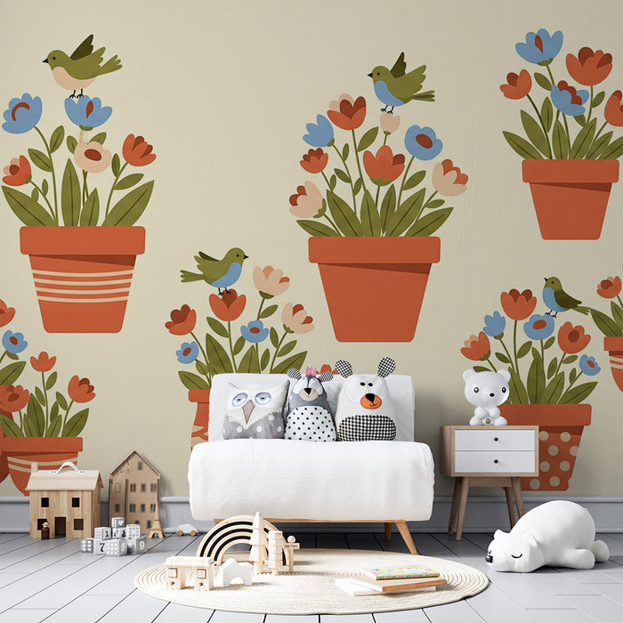 Papel pintado para habitación infantil | Pájaros y flores de colores en macetas de barro