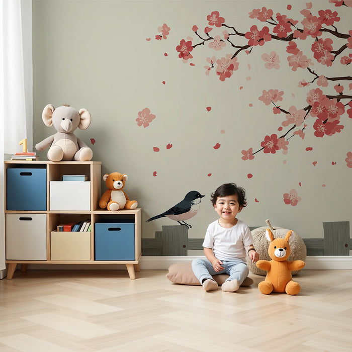 Papier peint chambre bébé | Oiseaux et fleurs de cerisier sur fond doux