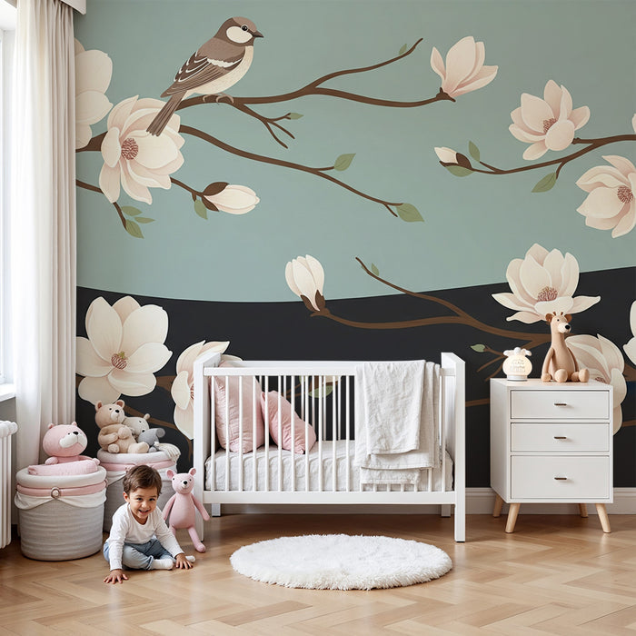 Papier peint chambre bébé | Oiseaux et fleurs de magnolia sur fond apaisant