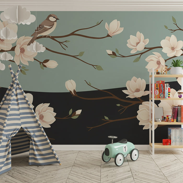 Papier peint chambre bébé | Oiseaux et fleurs de magnolia sur fond apaisant