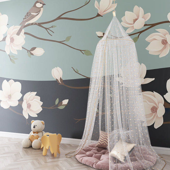 Papier peint chambre bébé | Oiseaux et fleurs de magnolia sur fond apaisant