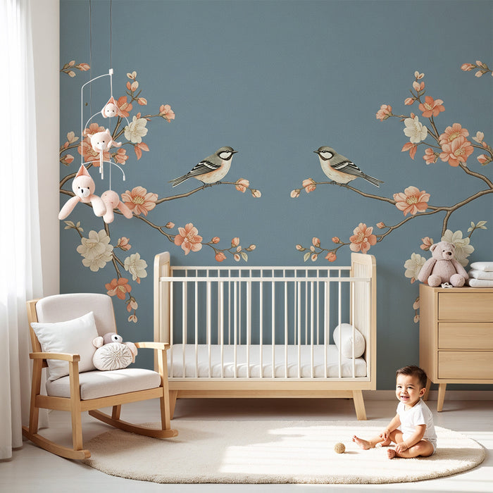 Papier peint chambre bébé | Oiseaux et fleurs délicates sur fond bleu