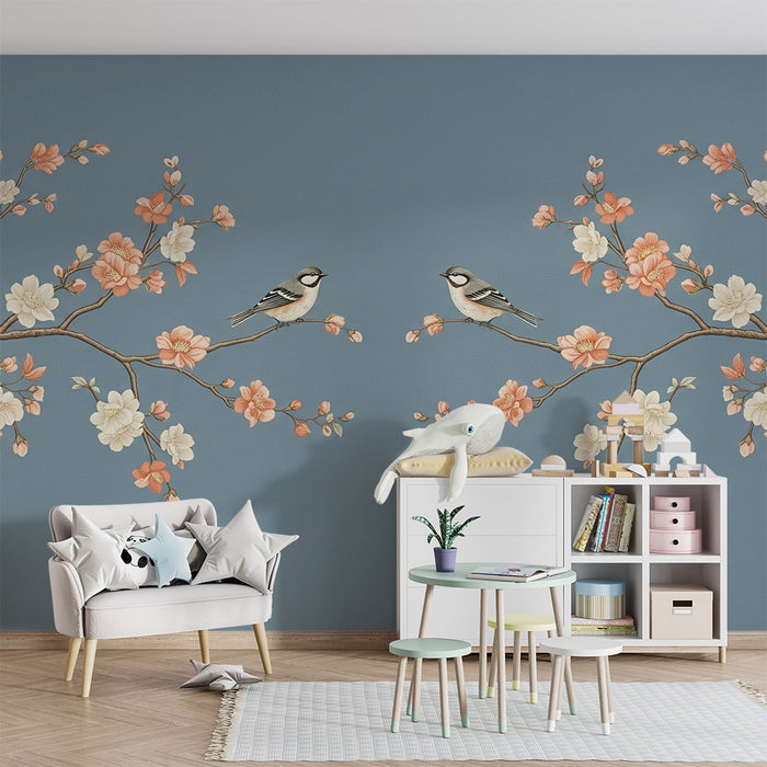 Papier peint chambre bébé | Oiseaux et fleurs délicates sur fond bleu