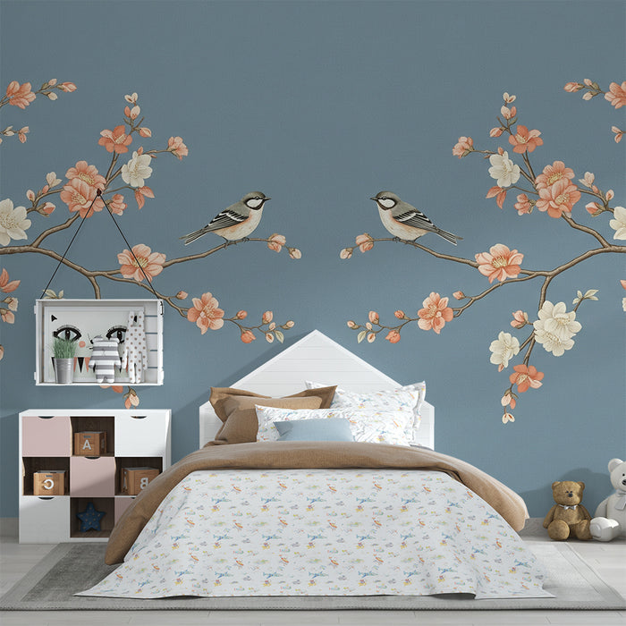 Papier peint chambre bébé | Oiseaux et fleurs délicates sur fond bleu