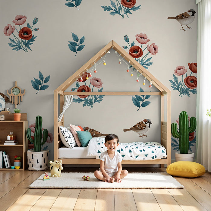 Papier de parede detskej izby | Jemné vtáky a kvety na krémovom pozadí