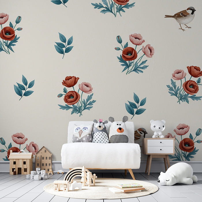 Papier de parede detskej izby | Jemné vtáky a kvety na krémovom pozadí