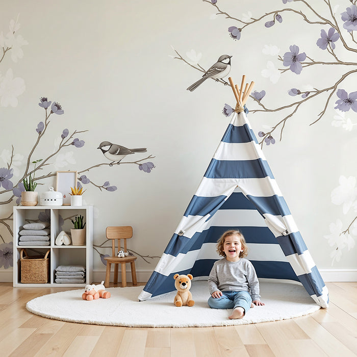 Papier peint chambre bébé | Oiseaux et fleurs délicates sur fond doux