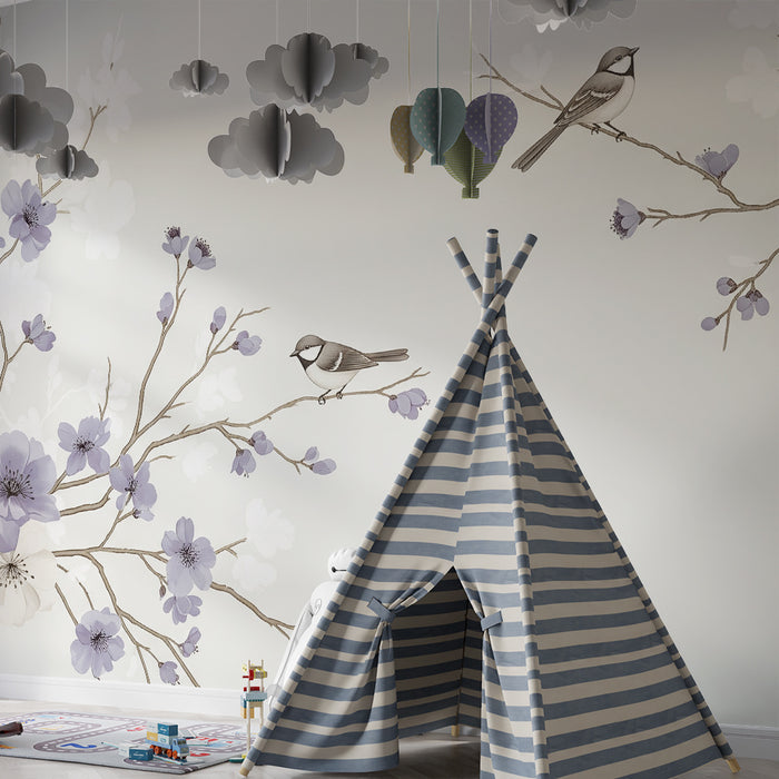 Papier peint chambre bébé | Oiseaux et fleurs délicates sur fond doux