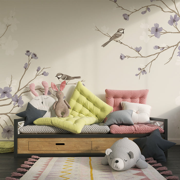 Papier peint chambre bébé | Oiseaux et fleurs délicates sur fond doux