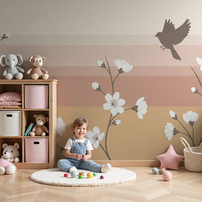 Papier peint chambre bébé | Oiseaux et fleurs délicates sur un fond pastel