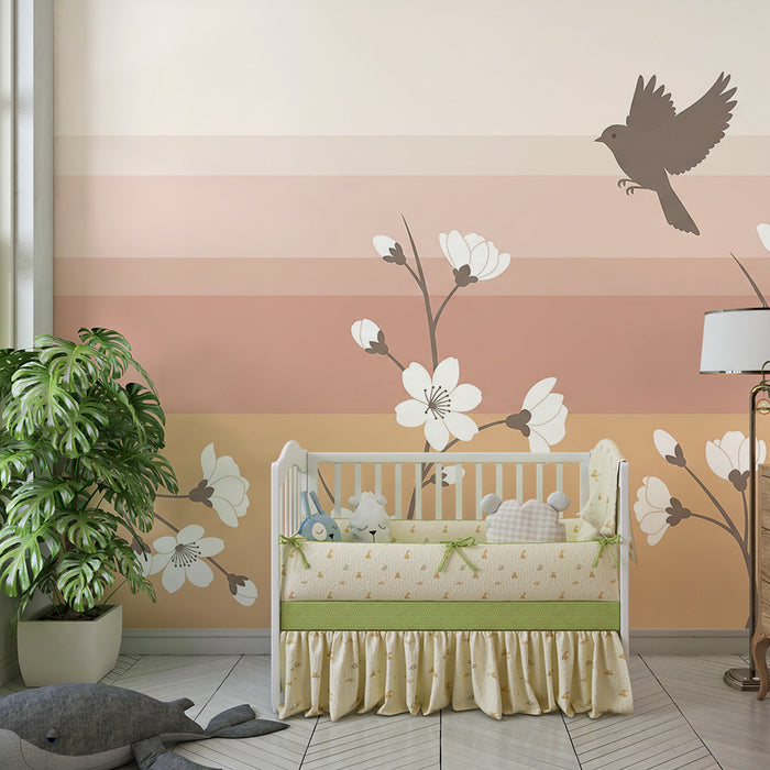 Papier peint chambre bébé | Oiseaux et fleurs délicates sur un fond pastel