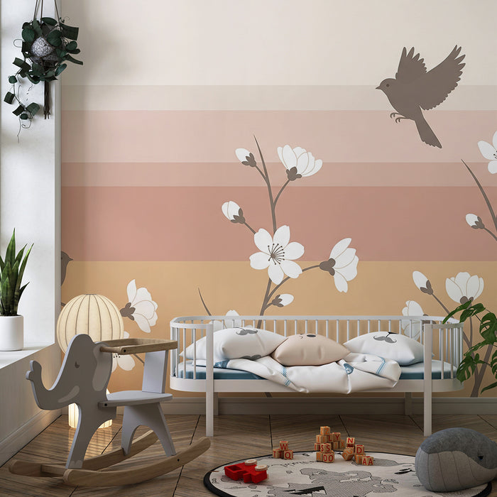 Papier peint chambre bébé | Oiseaux et fleurs délicates sur un fond pastel