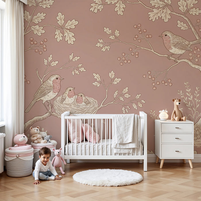 Tapet till babyrummet | Fåglar och bo i en mjuk blomsterdekoration