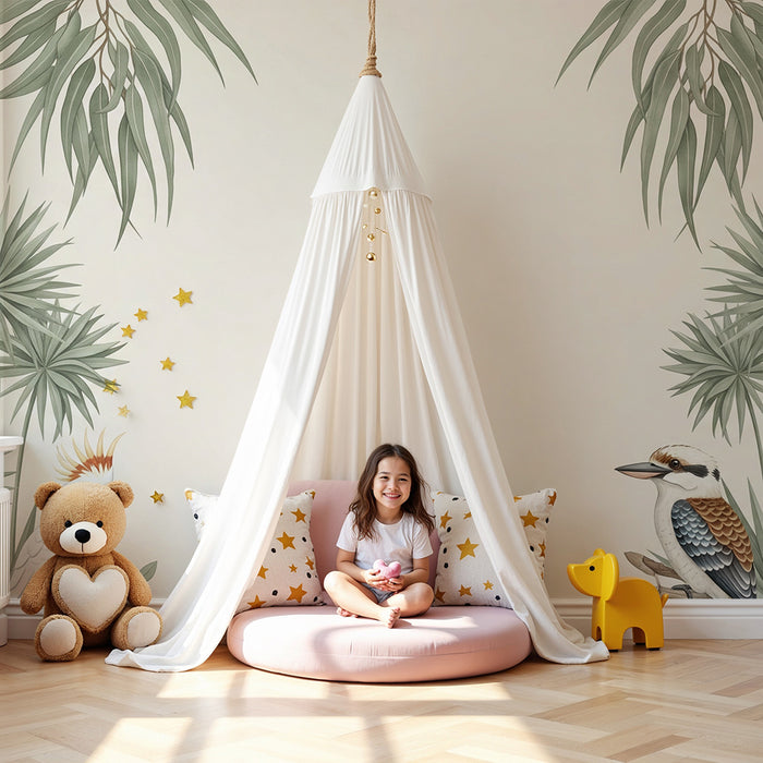 Papel de parede quarto bebê | Pássaros exóticos e folhagem tropical em fundo suave