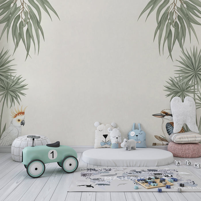 Papel de parede quarto bebê | Pássaros exóticos e folhagem tropical em fundo suave