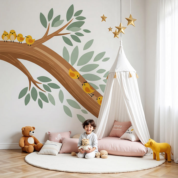 Papel de parede para quarto de bebé | Pássaros amarelos num ramo com folhagem suave