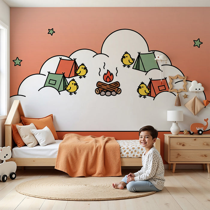 Papel pintado para habitación infantil | Pájaros alegres alrededor de una hoguera en las nubes
