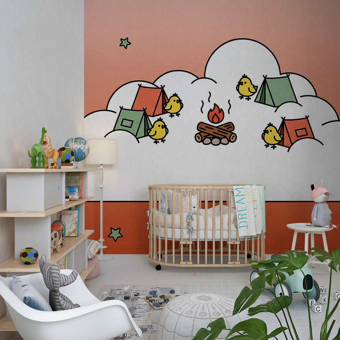Papel pintado para habitación infantil | Pájaros alegres alrededor de una hoguera en las nubes