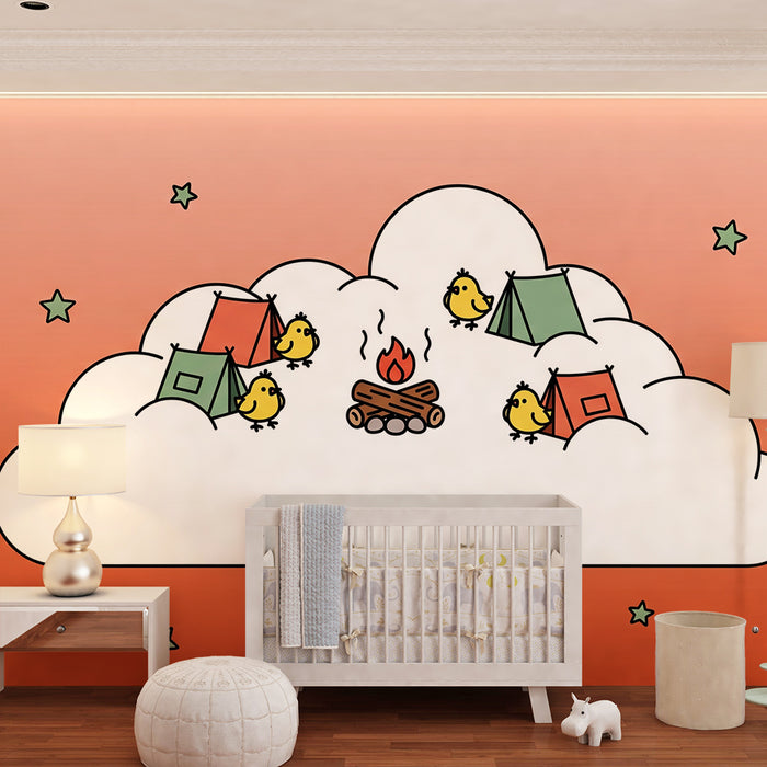 Papel pintado para habitación infantil | Pájaros alegres alrededor de una hoguera en las nubes