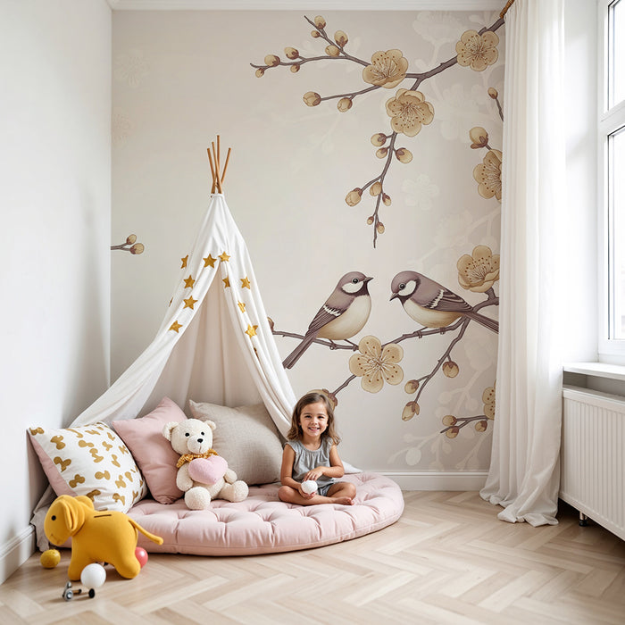 Papier peint chambre bébé | Oiseaux mignons perchés sur des branches fleuries