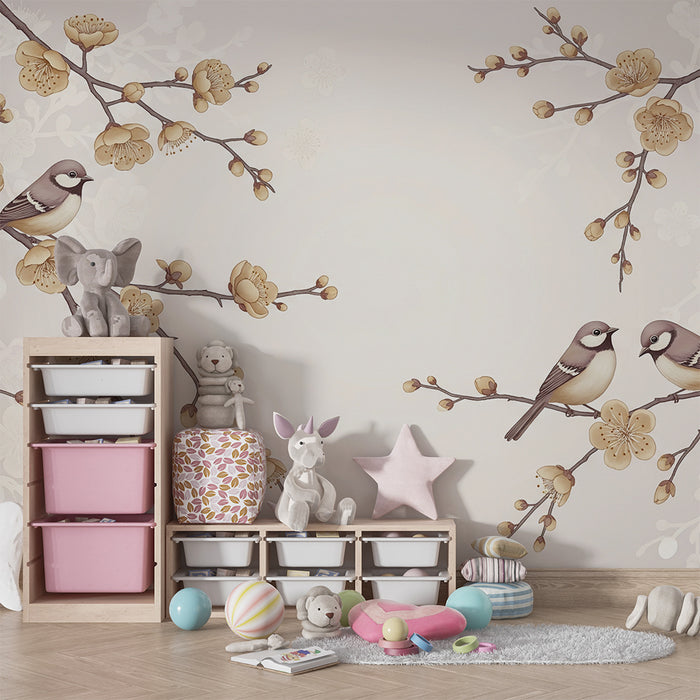 Papier peint chambre bébé | Oiseaux mignons perchés sur des branches fleuries