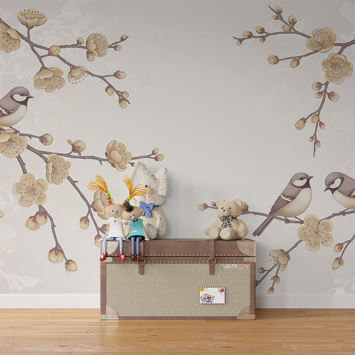 Papier peint chambre bébé | Oiseaux mignons perchés sur des branches fleuries