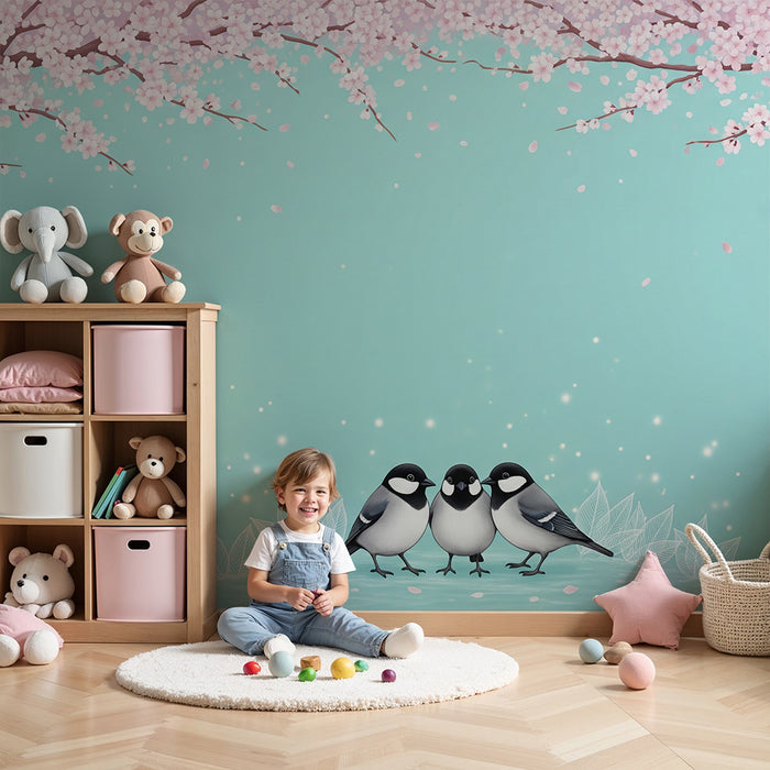 Behang kinderkamer | Schattige vogels onder een bloeiende kersenboom