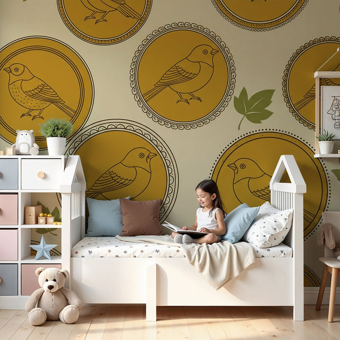 Papier peint chambre bébé | Oiseaux stylisés dans des médaillons dorés sur fond crème