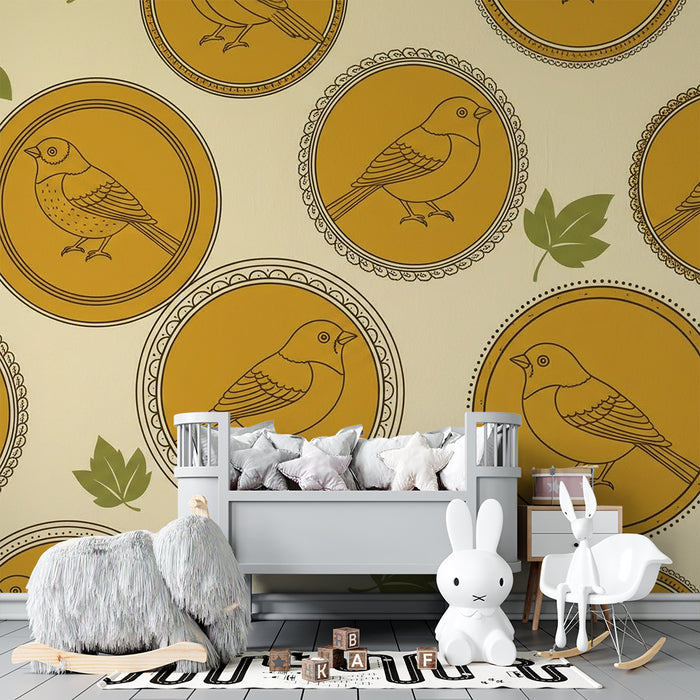 Papier peint chambre bébé | Oiseaux stylisés dans des médaillons dorés sur fond crème