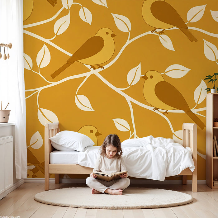 Papier peint chambre bébé | Oiseaux stylisés sur fond moutarde avec feuillage