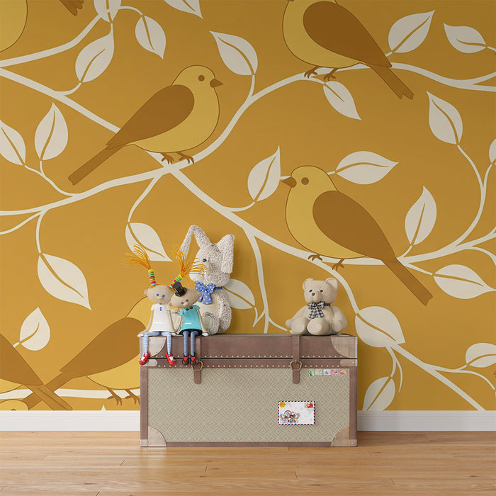 Papier peint chambre bébé | Oiseaux stylisés sur fond moutarde avec feuillage