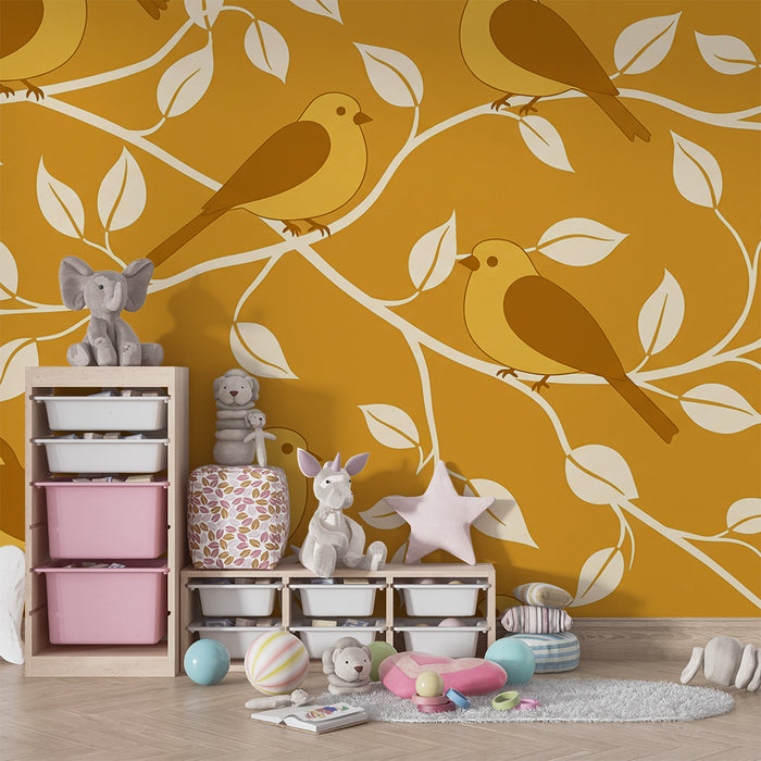 Papier peint chambre bébé | Oiseaux stylisés sur fond moutarde avec feuillage
