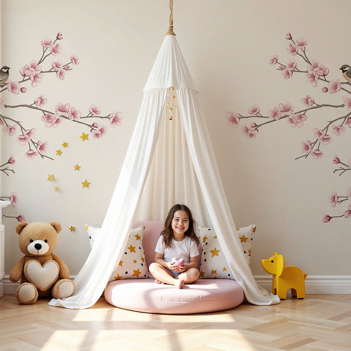 Papier peint chambre bébé | Oiseaux sur branches de cerisier en fleurs
