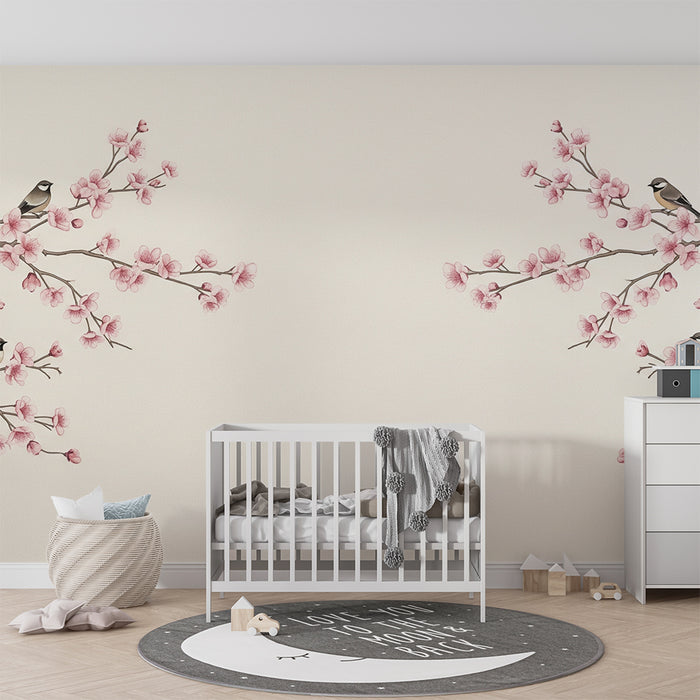 Papier peint chambre bébé | Oiseaux sur branches de cerisier en fleurs