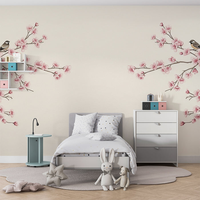 Papier peint chambre bébé | Oiseaux sur branches de cerisier en fleurs
