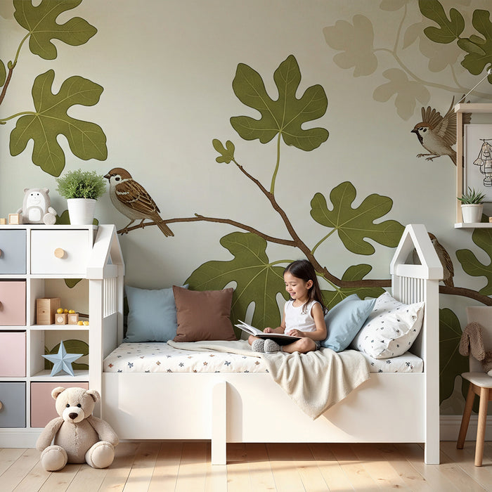 Papel pintado para habitación de bebé | Pájaros en ramas de higuera con follaje frondoso
